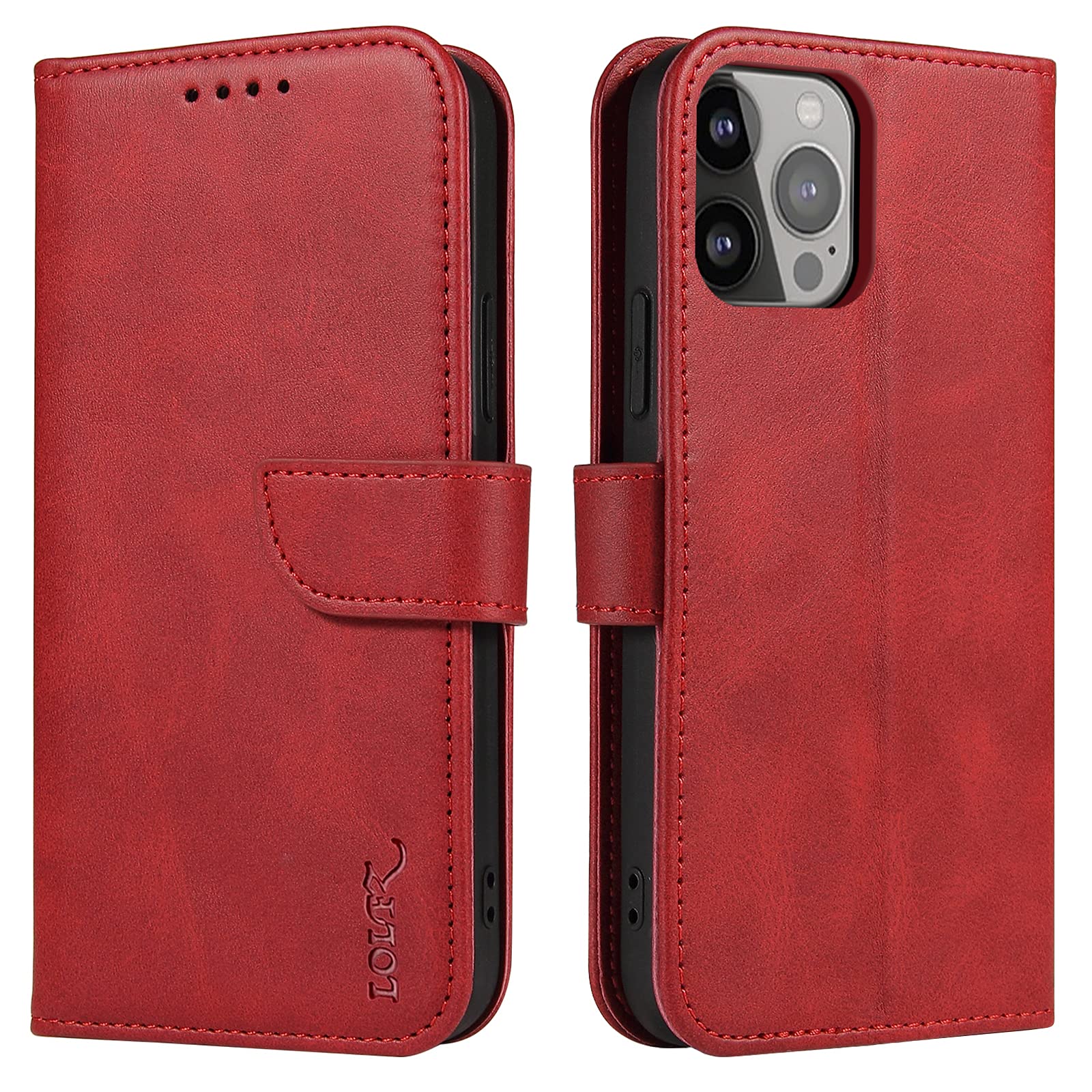LOLFZ Wallet Case for iPhone 13 Pro Max, Vintage Leather Book Case with Card Holder Kickstand Magnetic Closure Flip Case Cover for iPhone 13 Pro Max - Red