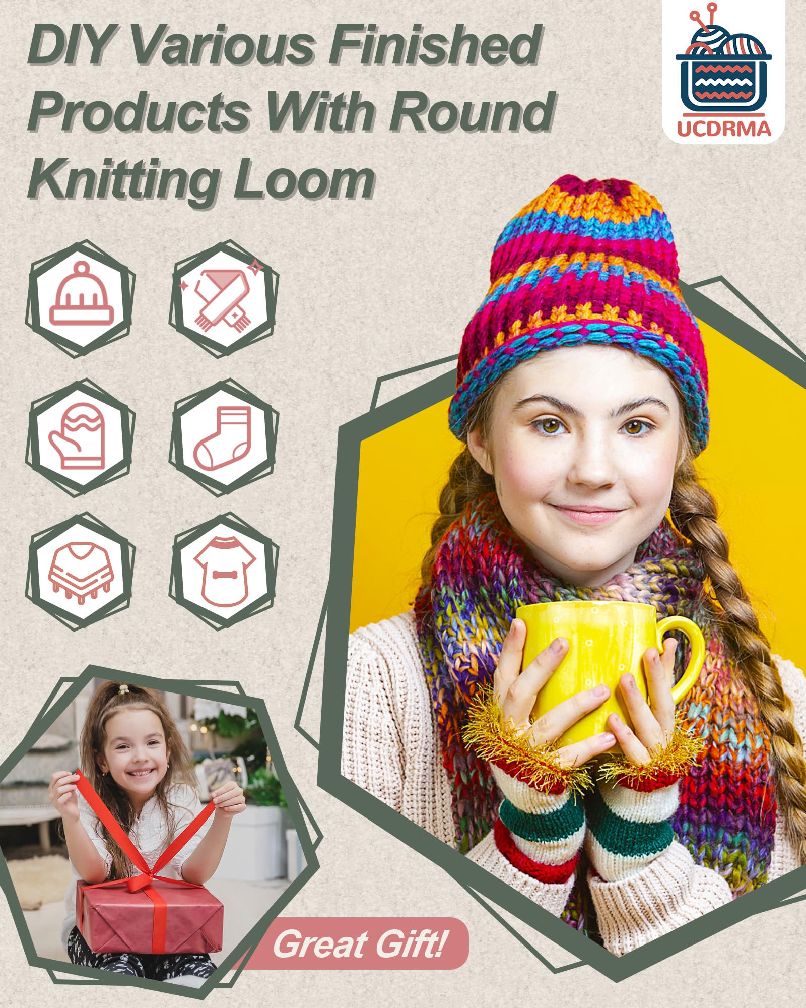 UCDRMA Loom Knitting Kit with Yarn, 23PCS Round Knitting Loom Kit for Beginners Including Instructions and Pom Pom Maker, Easy & Quick Hat Knitting Loom Set/Scarf Loom Knitting Set for Family