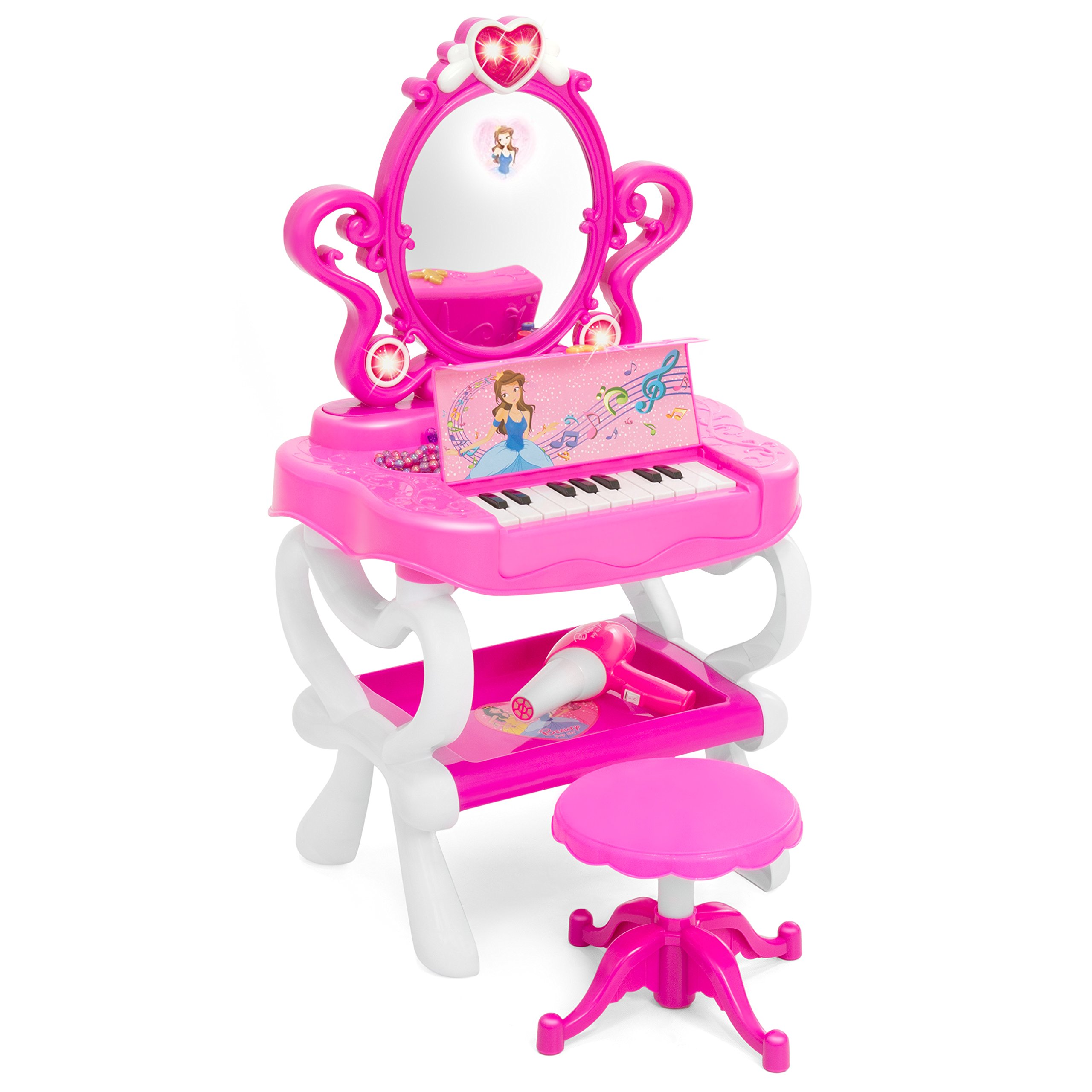 Kids Princess Vanity Piano Girls Makeup Table Set w/ Mirror Keyboard