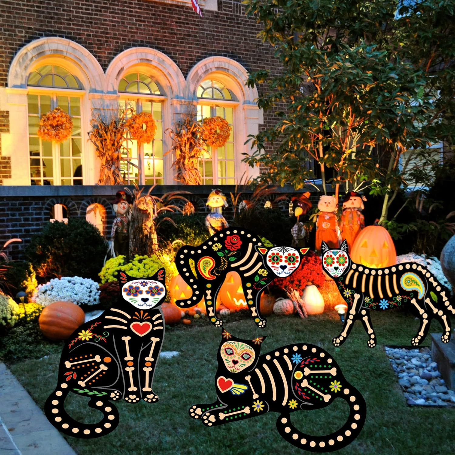 Yard Signs - 4Pcs Halloween Decorations Outdoor Fluorescence Skeleton Cat,Scary Creepy Sugar Skull Animals with Glow in the Dark- 16”x 14” Day of the Dead Silhouette Yard Sign with Stakes(Orange Skeleton)