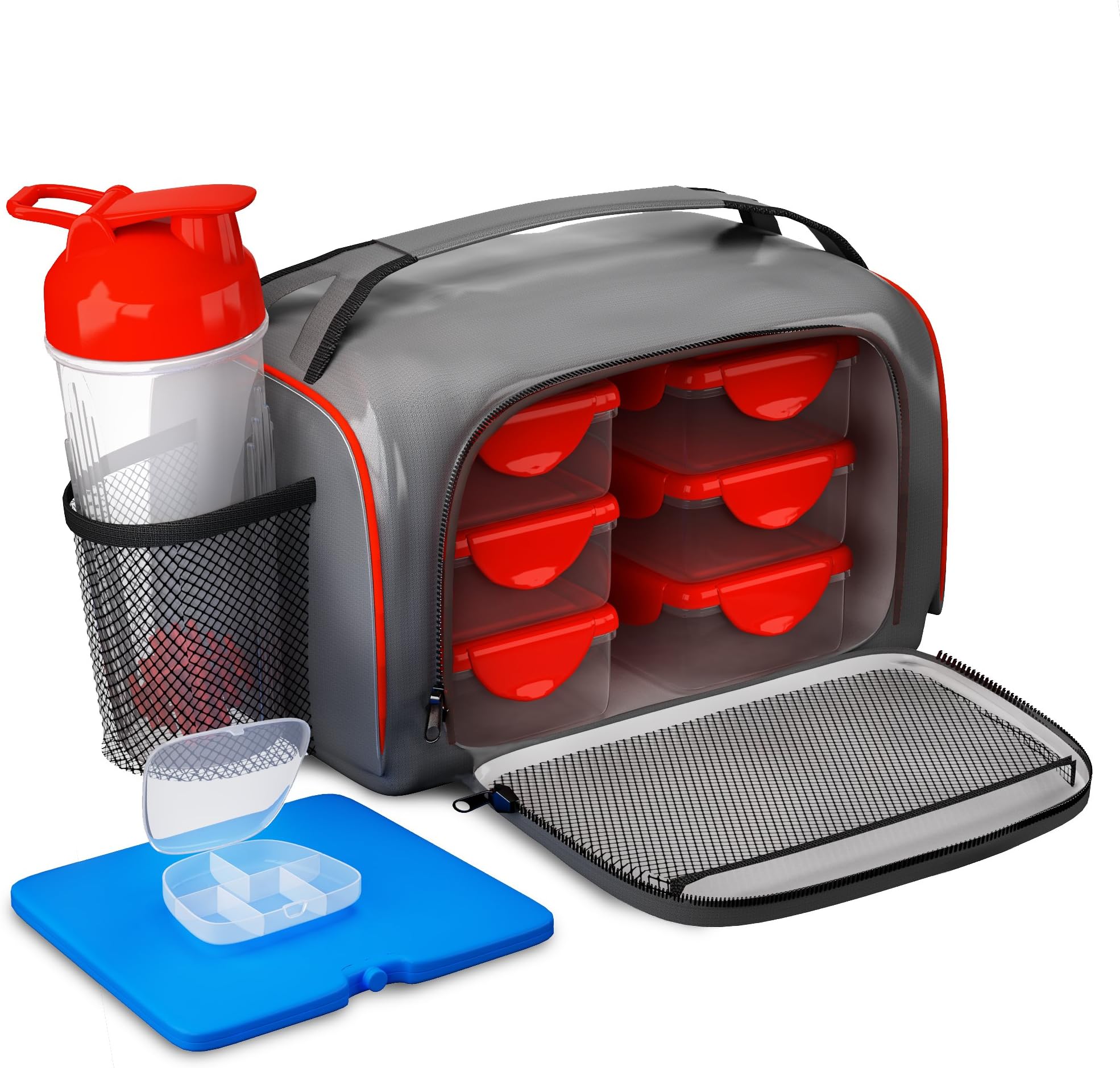 Meal Prep Lunch Fitness Bag - Includes 6 Portion Control Container Set, Reusable Ice Pack, Shaker Blender Cup and Pills Fit Pack