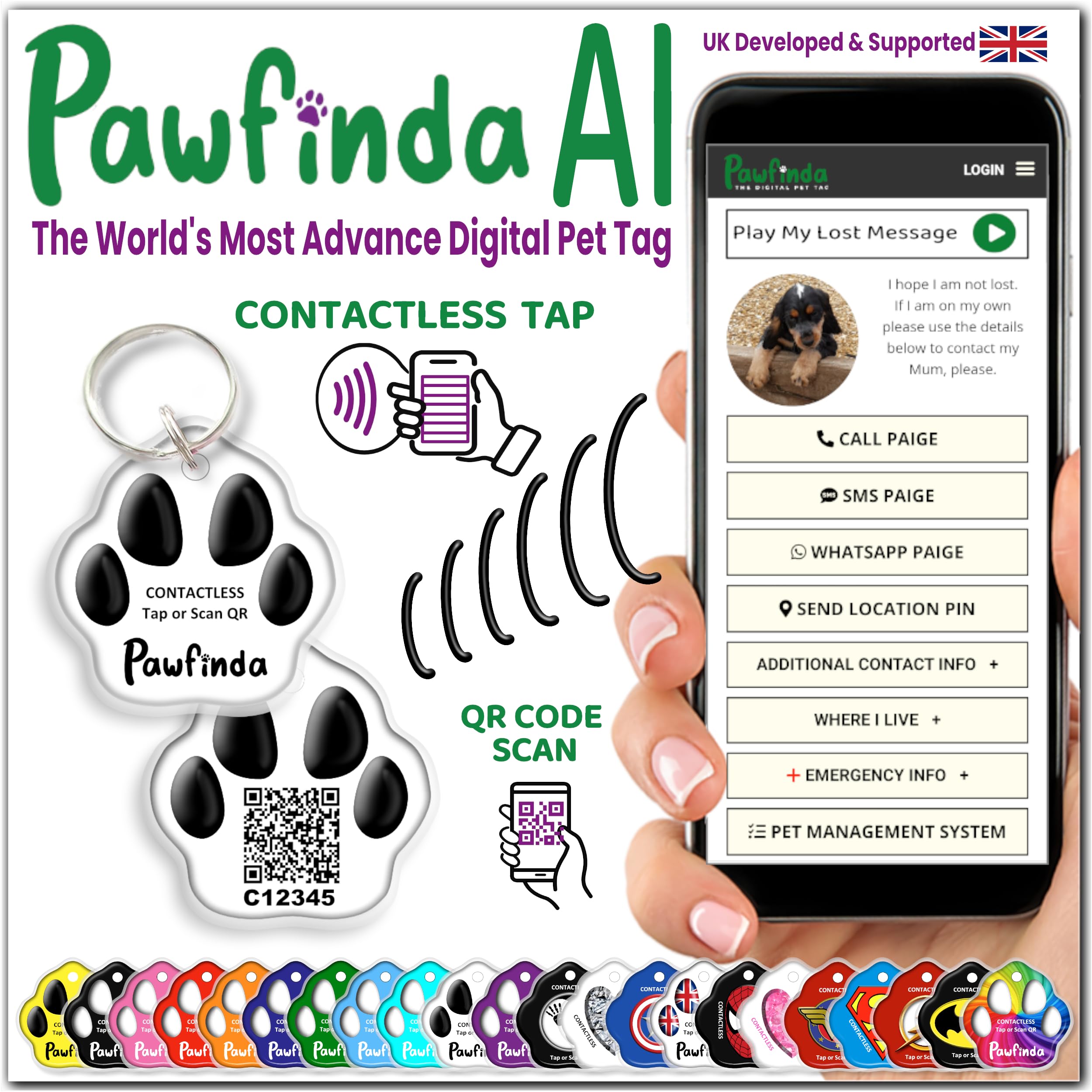 PAWFINDA – Next Generation AI Digital Personalised Cat Dog Pet Engraved ID Tag with CONTACTLESS NFC and QR Code Technology Now with PawVoice AI. UK Developed, Designed, and Supported. (White Paw)