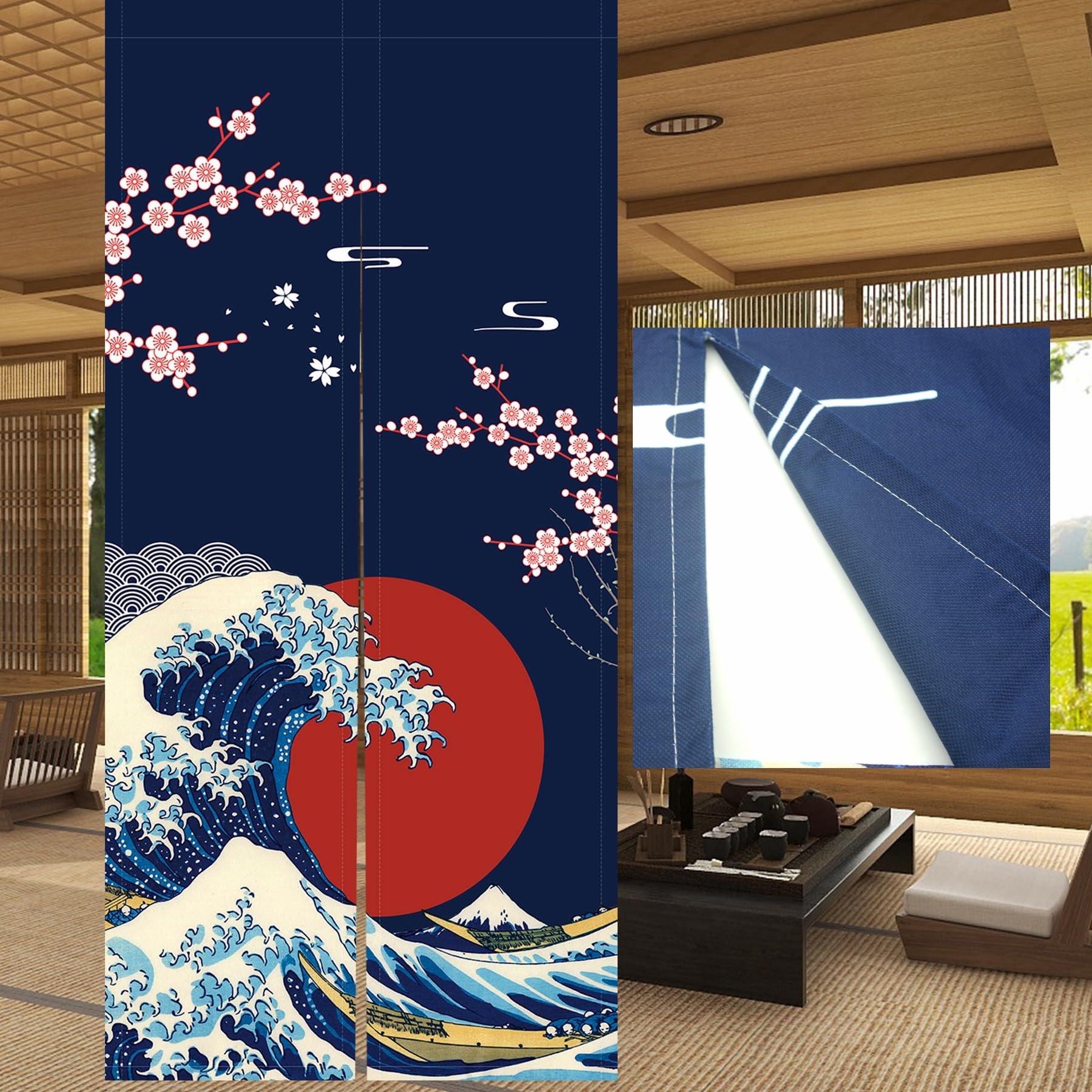 LIGICKY Japanese Noren Doorway Curtain Ukiyoe Hokusai The Great Wave Off Kanagawa Sun Cherry Blossoms Printed Window Treatment Door Tapestry for Home Restaurant Decor 33.5 x 70.9 inch, Double Sided