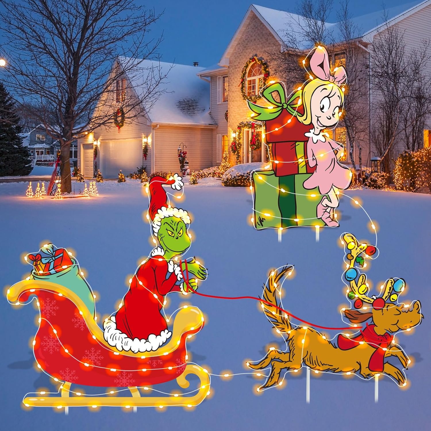 Yard Signs - 3PCS Grinchs Christmas Decorations with LED Lights,Grinchs Yard Signs with Stakes for Holiday Garden Lawn Yard Outdoor Grinchmas Whoville Decorations