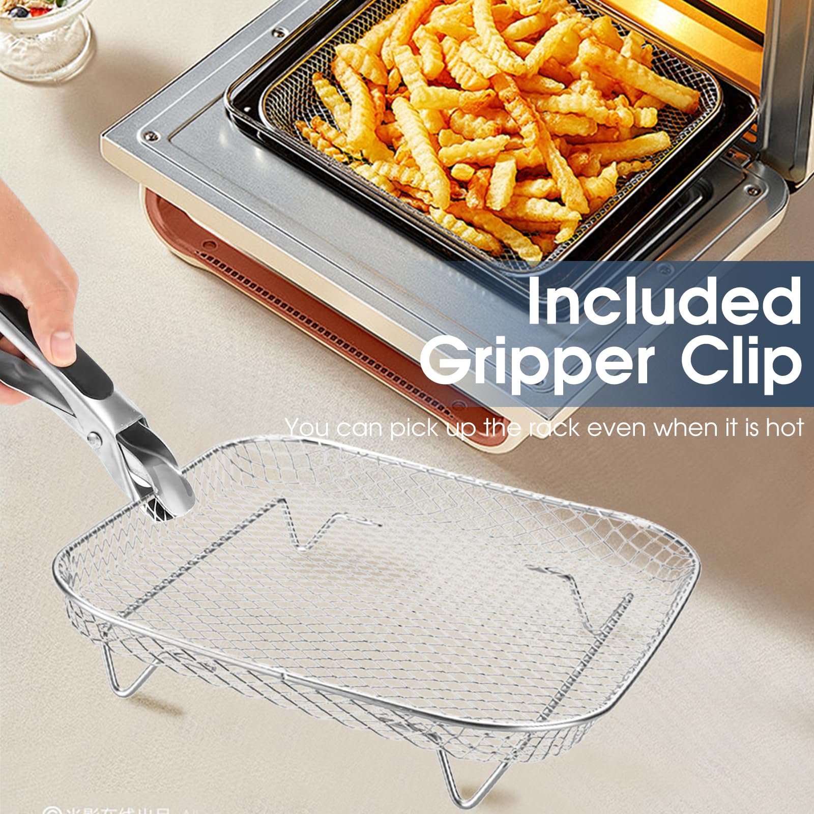Dual-Layer Air Fryer Rack Set with Elevated and Regular Support Legs. 304 Stainless Steel Mesh Baskets, Square Air Fryer Accessories for Cosori, Instant Vortex, Chefman, Ninja Foodi Grill.