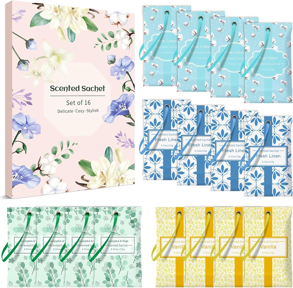 LASENTEUR Scented Sachets Fresh Linen Cotton Vanilla Eucalyptus 16 Packs