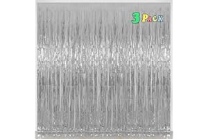 Foil Fringe Curtains Christmas Decorations - Melsan 3 Pack 3.2 x 8.2 ft Tinsel Curtain Party Photo Backdrop for Birthday Party Baby Shower or Graduation Decorations (Pure Silver)