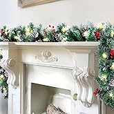 BlessedSeason 9FT Christmas Garland with Lights, Timer Artificial Lighted Garland Indoor for Stairs, Fireplace, 50 Lights Green Garland, Christmas Decoration with Cones & Red Berries & Pine Needle
