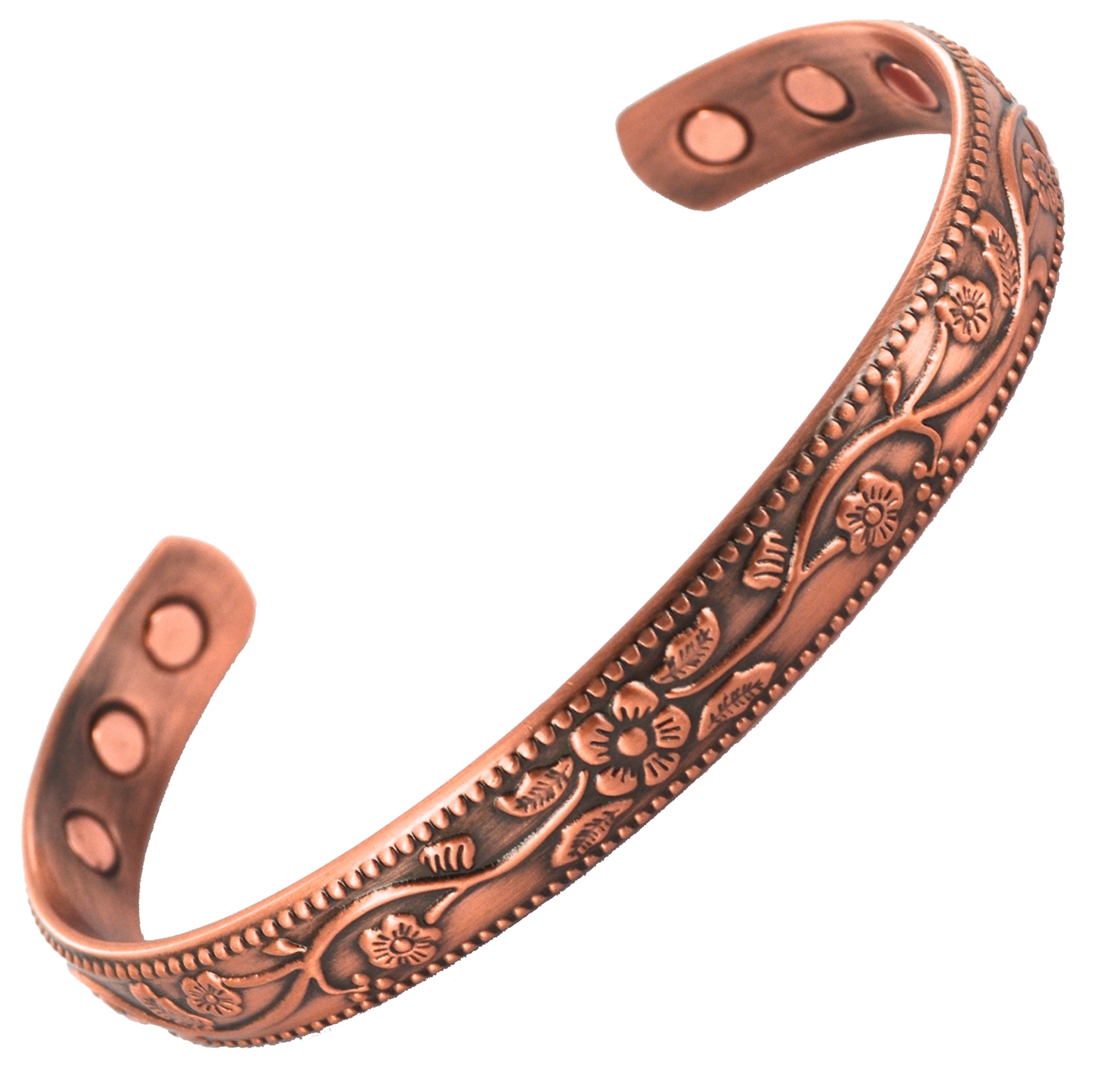 Magnatural® PURE COPPER MAGNETIC BRACELET 6 POWERFUL MAGNETS BANGLE - PREMIUM FLOWER DESIGN, STRONG Cuff Wrist Band for Women Ladies or Mens + VELVET GIFT POUCH!