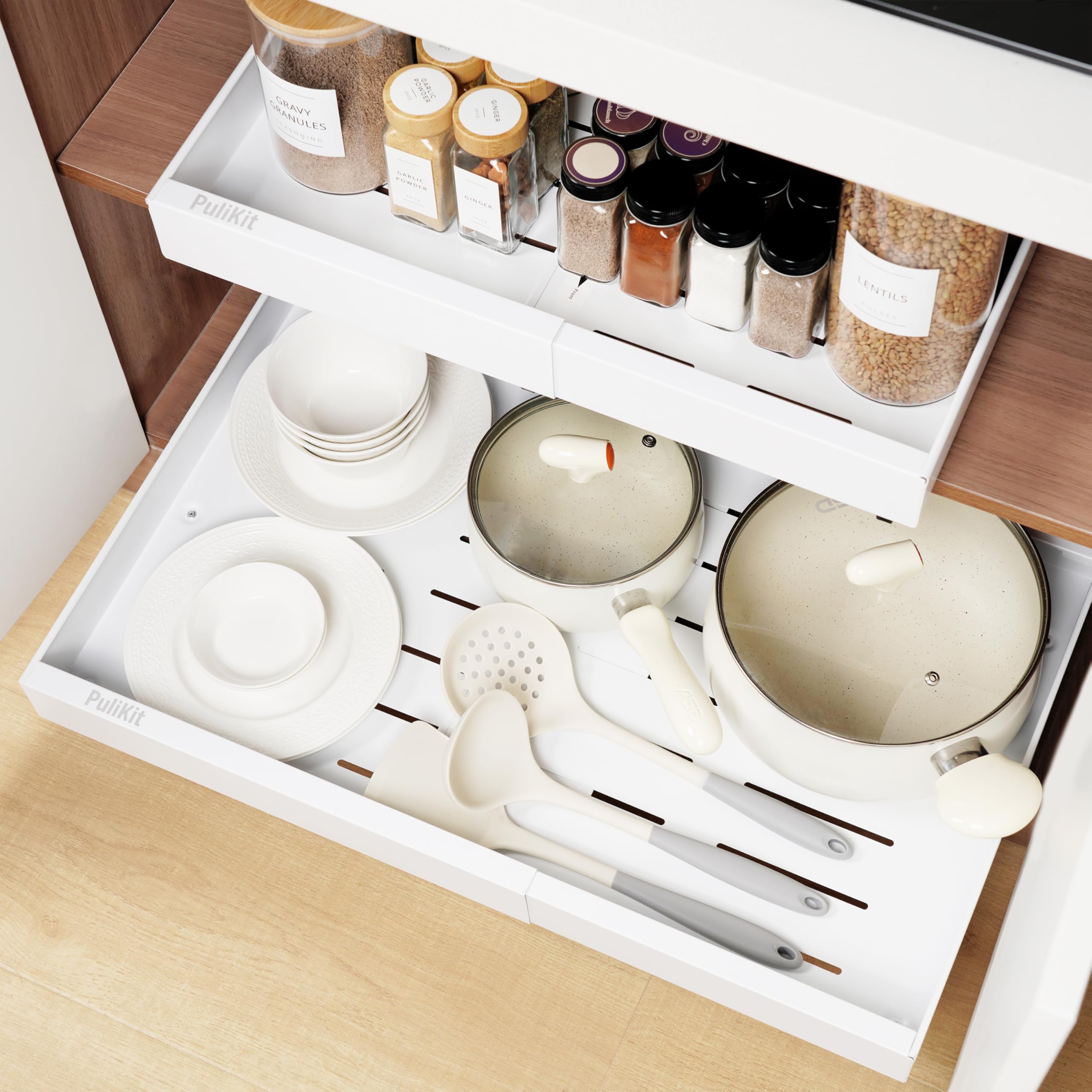 PuliKit Under Sink Cabinet Organizer with Slide-Out Drawers Heavy-Duty Adjustable 16.9''-26.8'' Deep Tool-Free Adhesive & Screw Mounting, Removable Shelves for Kitchen Storage (White)