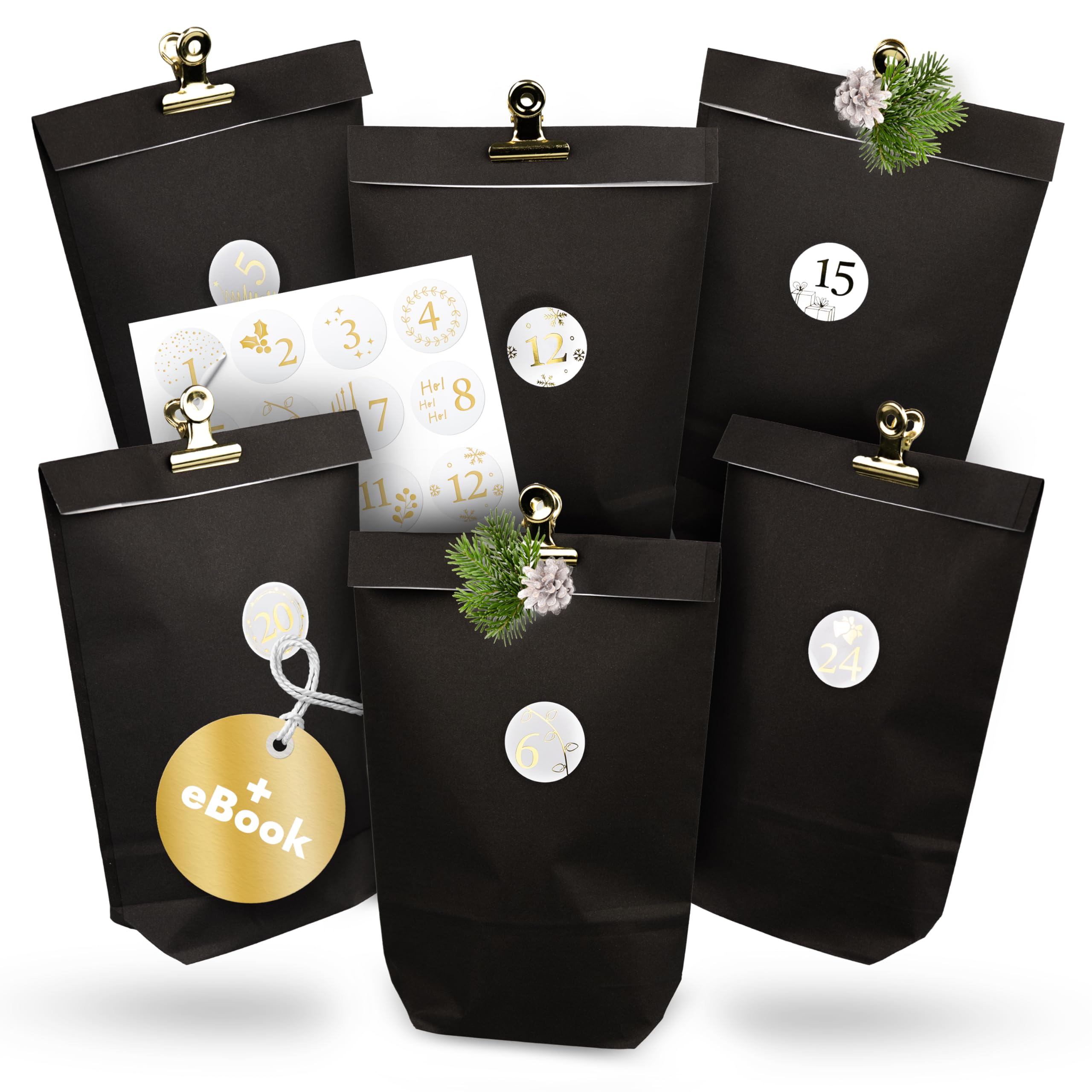 AMARI ® Advent calendar to fill Premium Black - 24 Advent bags diy (with metal clips) - Paper bags with numbers sticker - Christmas calendar parcel to stick on yourself