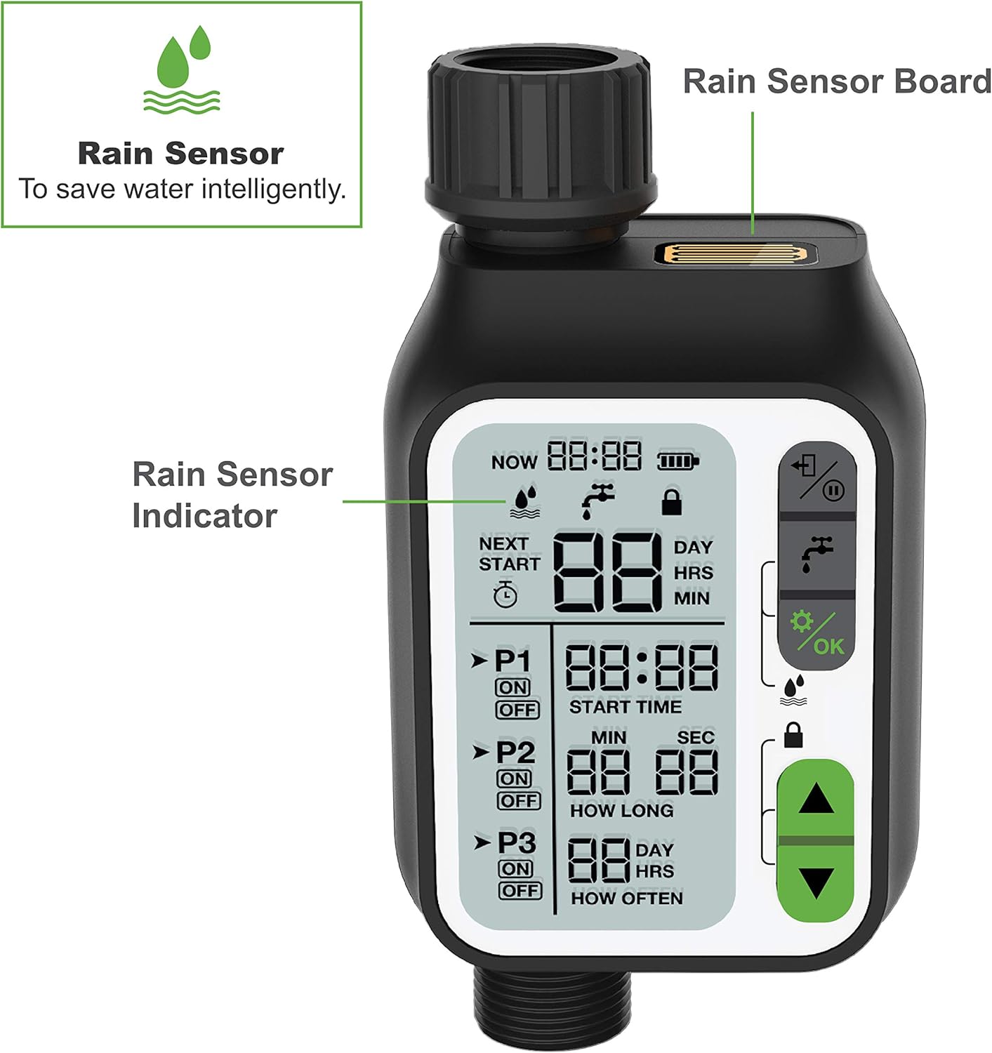 Kacsoo Hose Automatic Watering Timer, Irrigation Timer, Rain Sensor, 3 Separate Irrigation Programs, Large LCD, Upgrade Material, Faucet Digital Watering Timer for Garden Lawn Sprinkler: Home & Kitchen