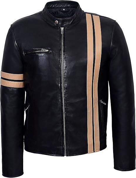 Amazon Driverメンズblackレザージャケット ベージュストライプソフトナパバイカースタイル5311 コート ジャケット 通販