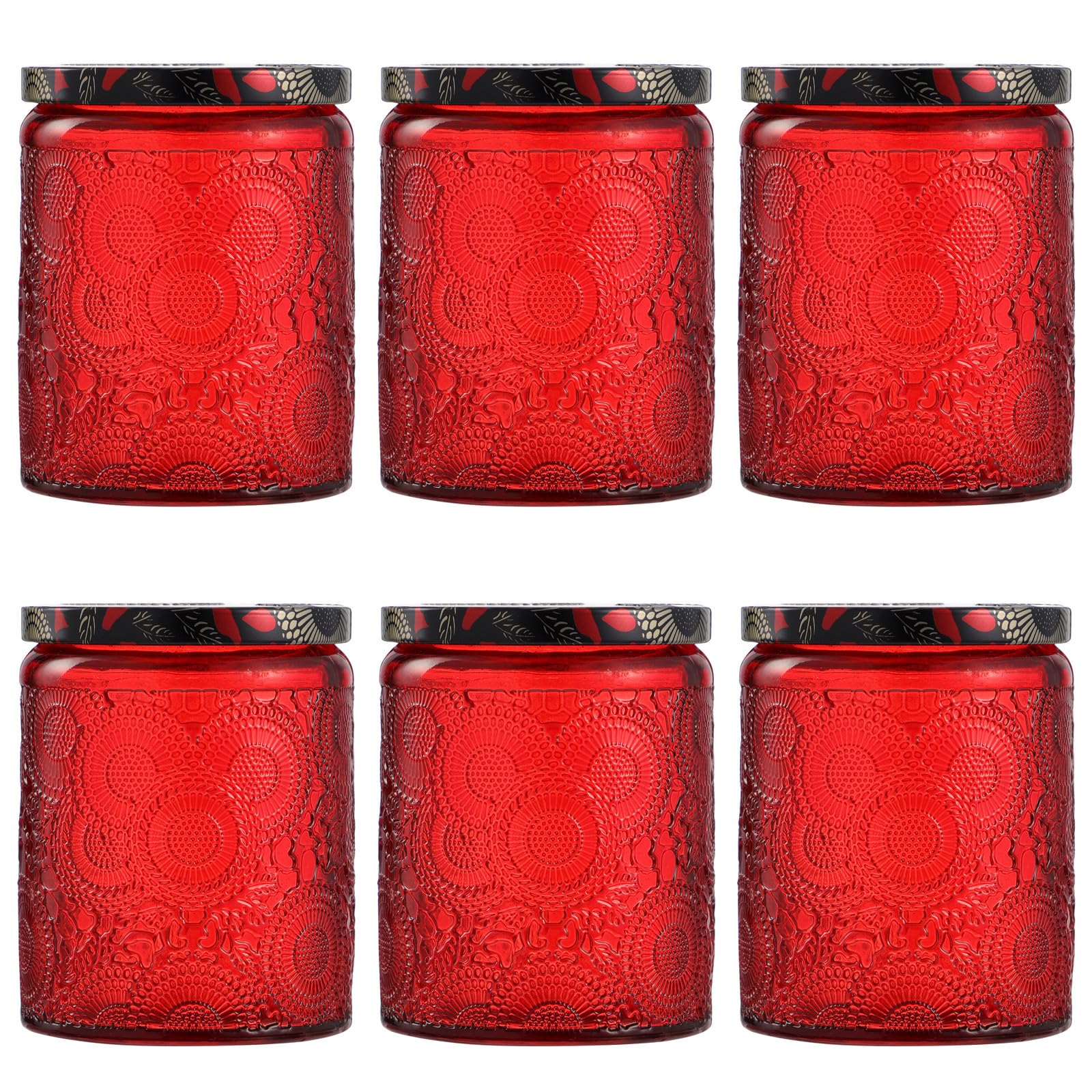 HEALLILY 6pcs Embossed Glass Candle Container with Lid Empty Candle Jars for Making Candle DIY Craft Red