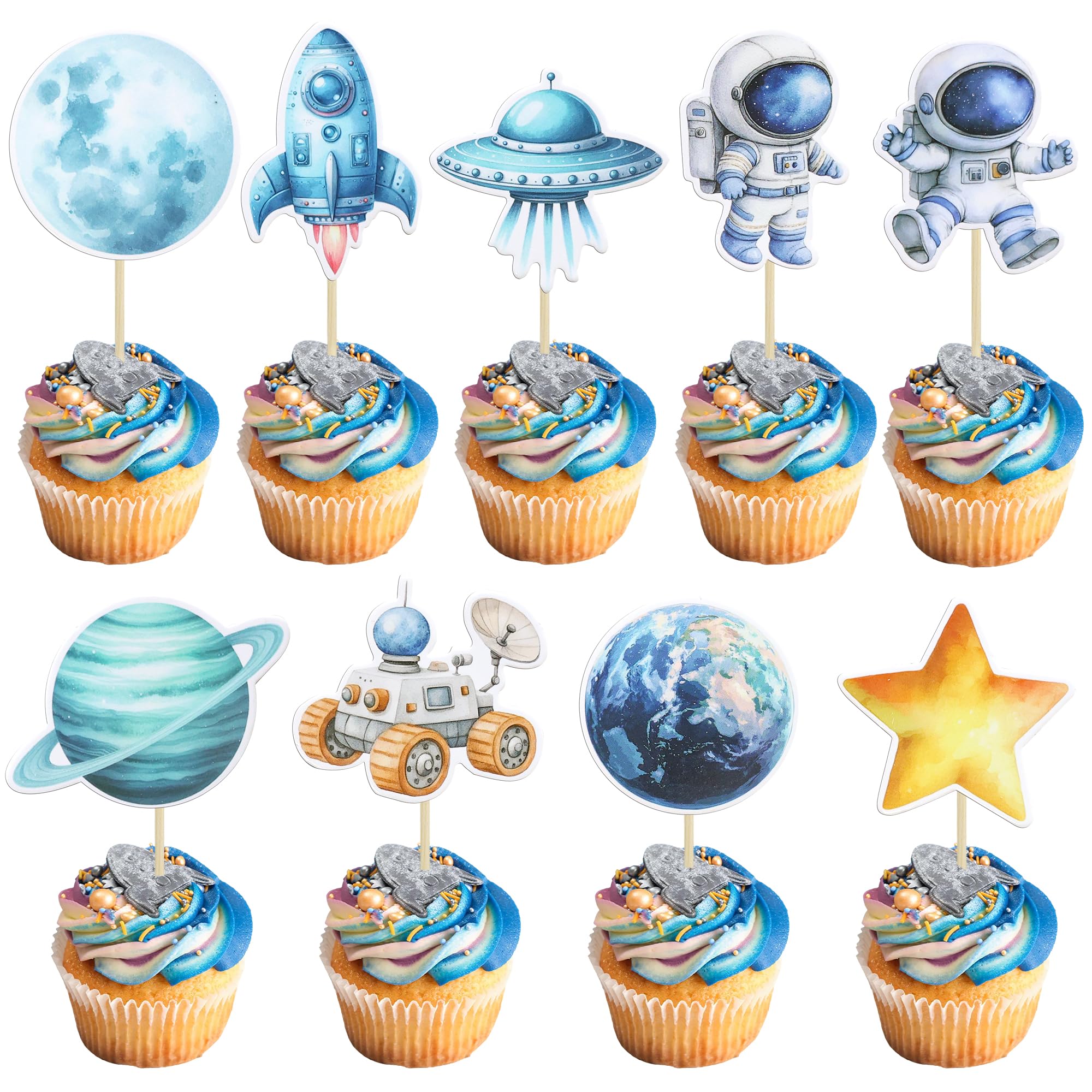 Photo 1 of Gyufise 36Pcs Space Astronaut Cupcake Toppers Planet Rocket Telescope Trip to the Moon Cupcake Picks for Outer Space Baby Shower Gender Reveal Birthday Party Cake Decorations Blue