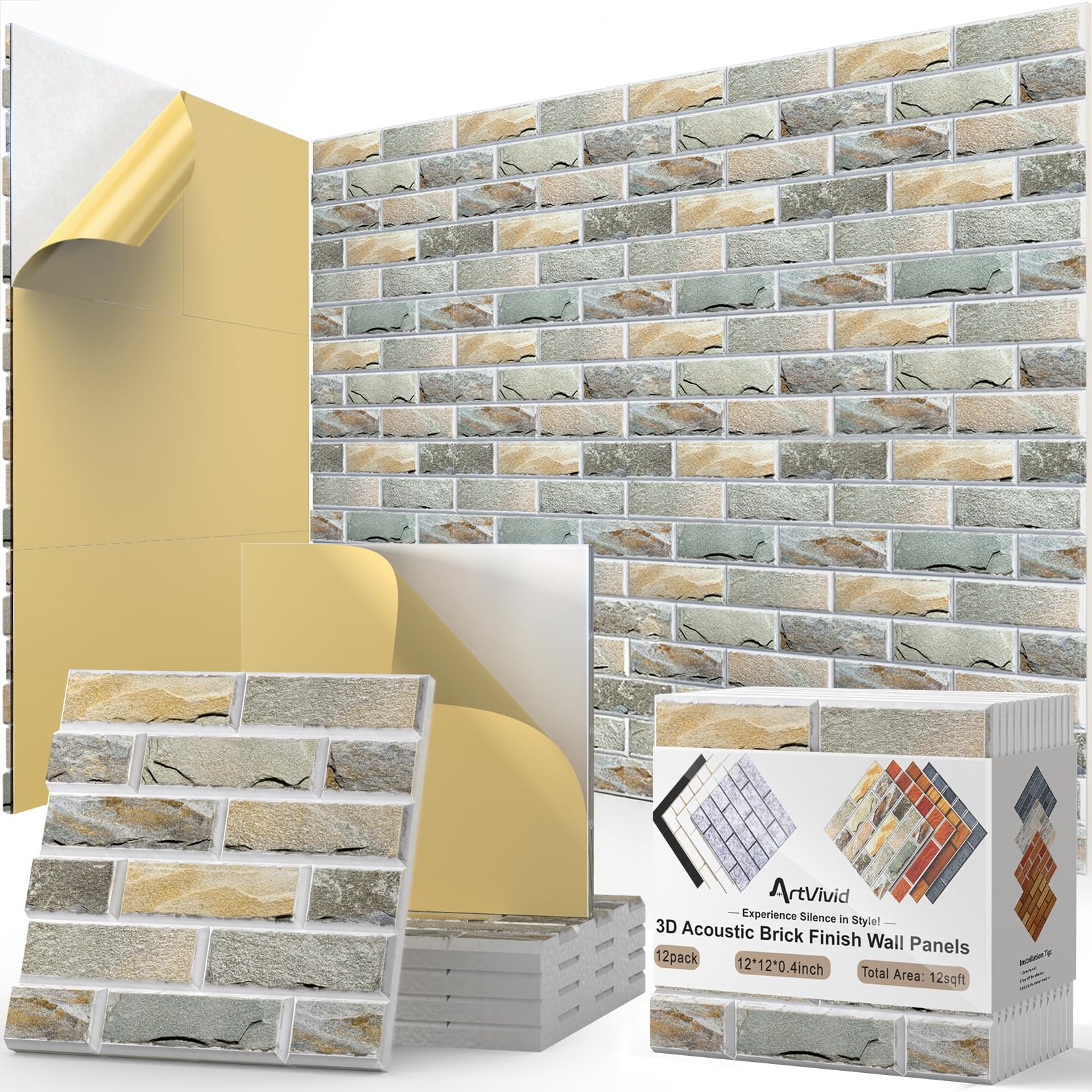 Photo 1 of 12Pack Acoustic Panels, Self-Adhesive 3D Brick Pattern Sound Proof Panels for Walls, Decorative Sound Dampening Wall Panels for Recording Studios, Offices, Home, 12"×12"×0.4", Stone