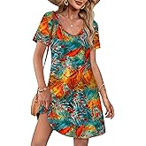 OFEEFAN Summer Dresses for Women 2025 Loose V Neck Short Sleeve Casual T Shirt Dress Sundresses Swimsuit Coverup with Pockets