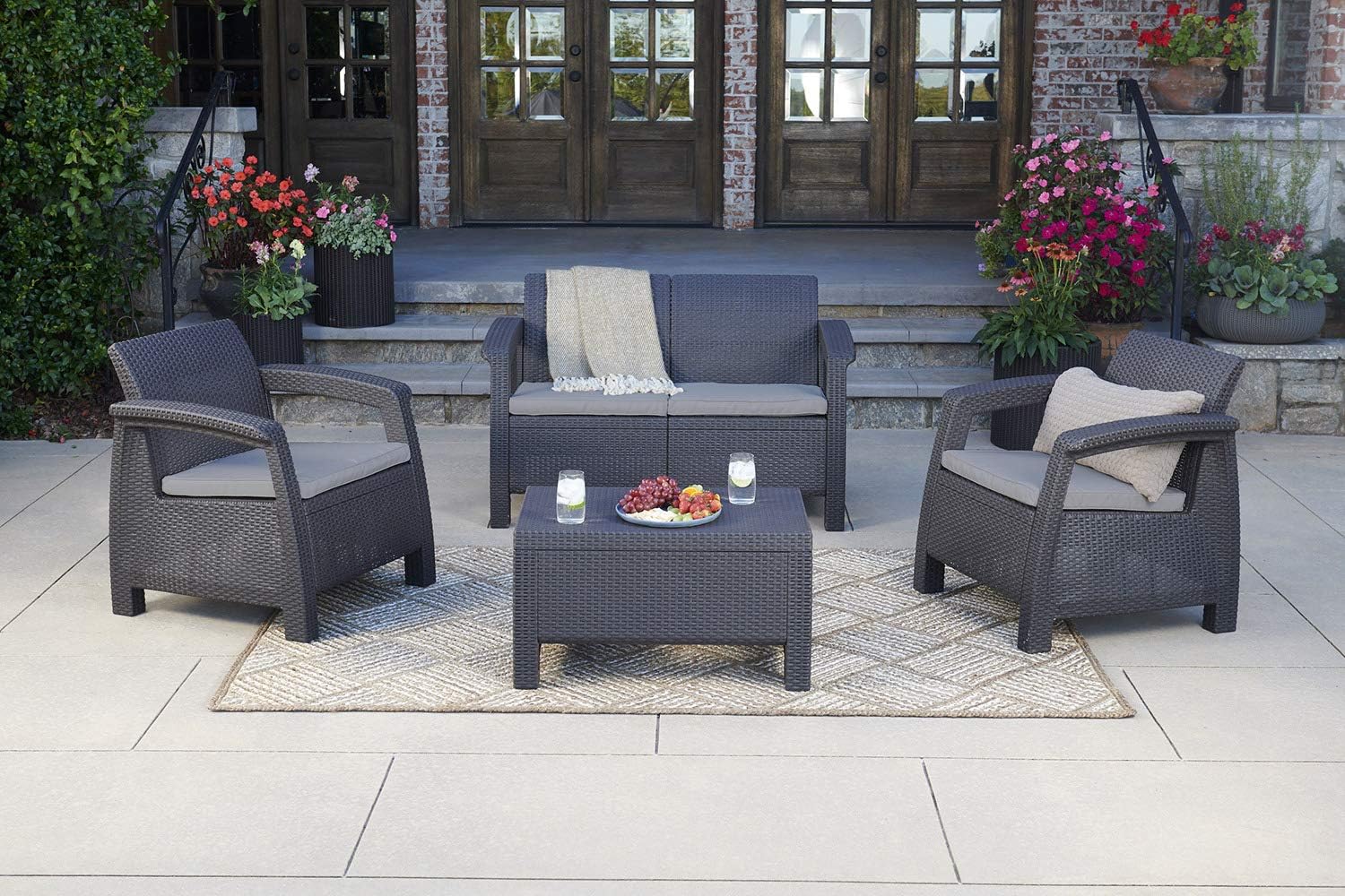 Keter Corfu Resin Wicker Loveseat with Outdoor Cushions – Patio Furniture Perfect for Front Porch Décor and Poolside Love Seats, Grey : Patio Loveseats : Garden & Outdoor