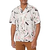 Club Monaco Men's Short Sleeve Camp Collar Block Print Shirt