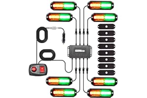 WINECO 8PCS LED Strobe Lights kit12V Sync Feature Green Amber 12LED Emergency Hazard Warning Lights with Strobe Controller for Trucks Vehicles ATV RV Cars Van