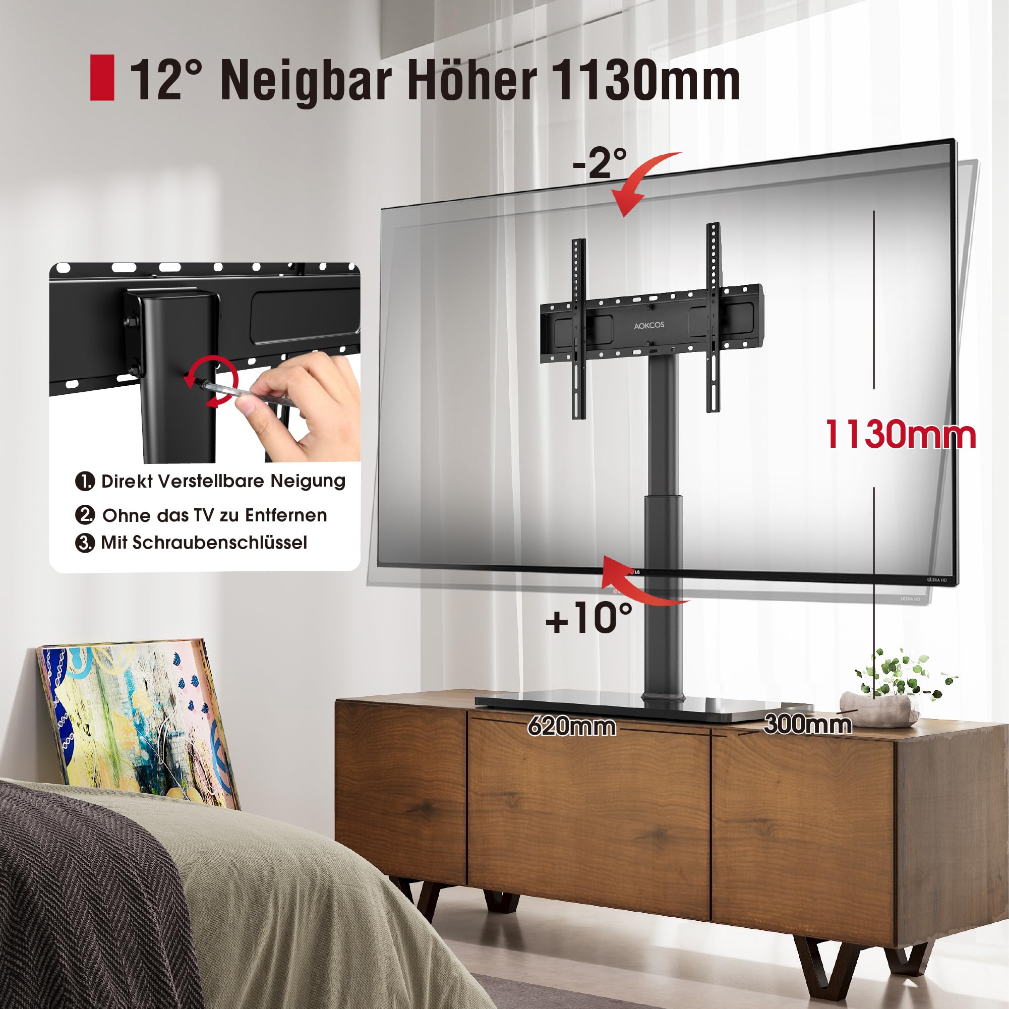 AOKCOS TV Standfuss TV Ständer Höhe 1130mm für 43-75 85 Zoll Fernseher, Neigbar Schwenkbar Höhenverstellbar Fernsehständer, Universal TV Standfüße Standfuss Max VESA 600x400mm 50KG (Schwarz) 2