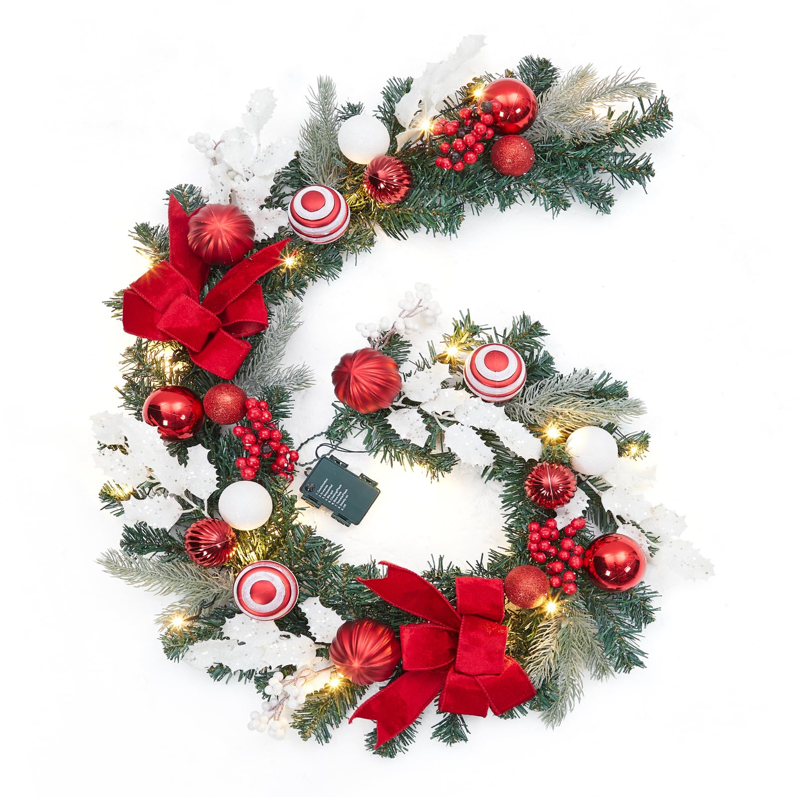 Photo 1 of GarveeHome 6 Ft Pre-Lit Christmas Garland, Battery Operated Lighted Xmas Garland with 20 Lights & Timer, Christmas Garlands with Lights for Mantle Table Centerpiece Indoor Outdoor Decor, Red White