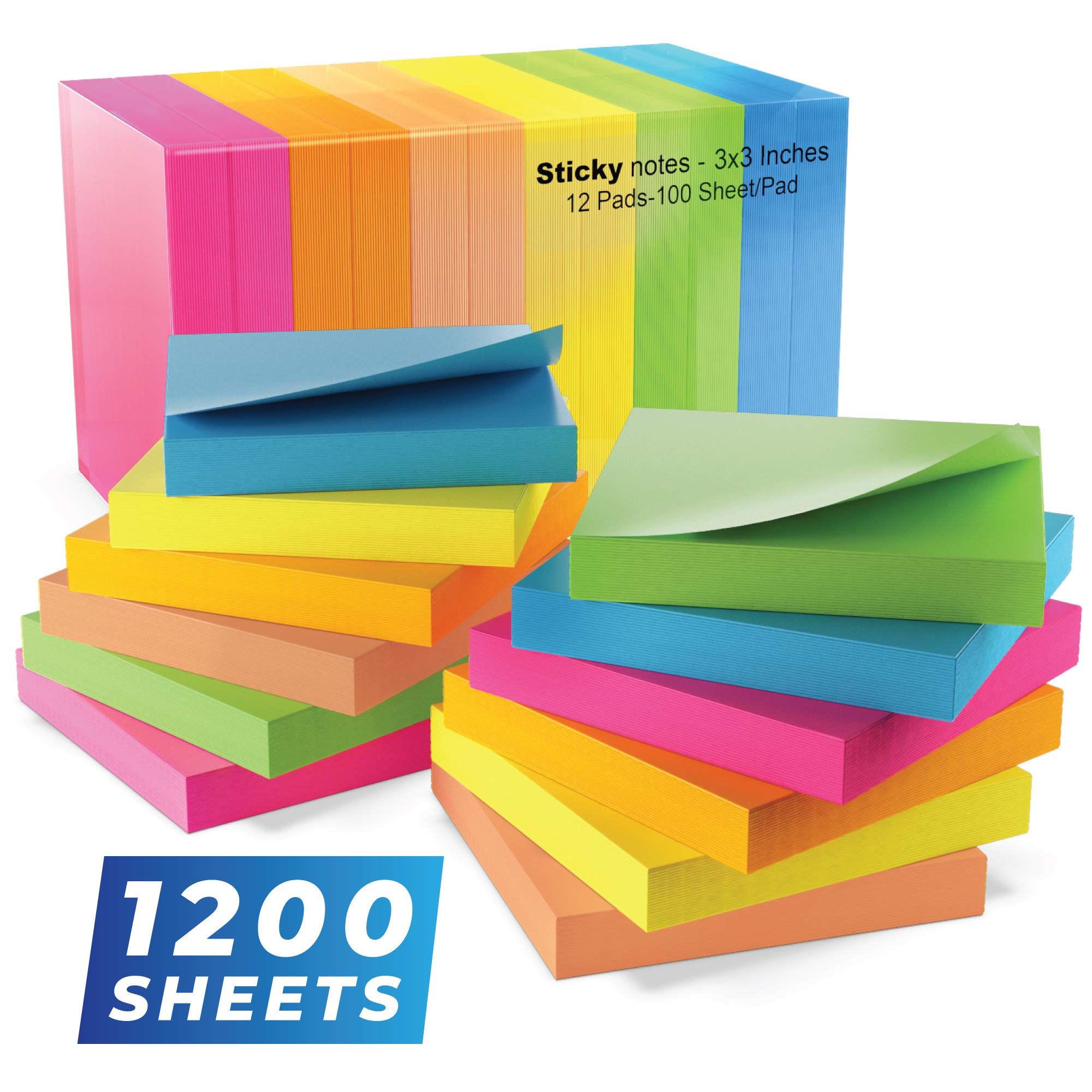 Photo 1 of Sticky Notes 3x3 in (12 Pads) Bright Colored Super Self Sticky Pads - 100 Sheets/Pad - Easy to Post for School, Office Supplies, Desk Accessories
