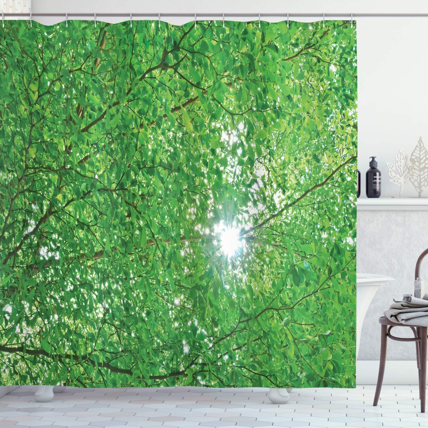 Amazon Com Ambesonne Forest Home Decor Shower Curtain Sun Through Tree Branch And Leaf Top Relax Peaceful Environment Rural Design Fabric Bathroom Decor Set With Hooks 70 Inches Green Home Kitchen