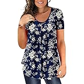 BeadChica Women's Plus Size Tunic Tops Casual Flowy Tshirts Ruched Botton Up Short Sleeve Blouses-Printing-XL