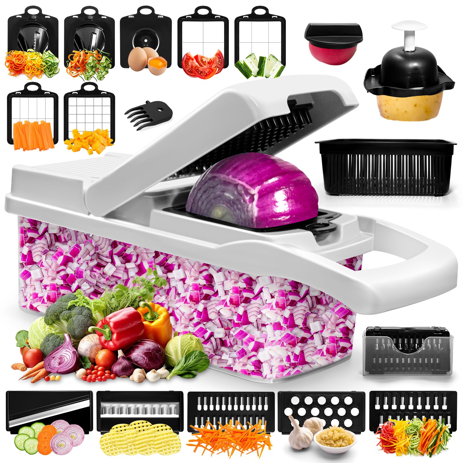 Photo 1 of **MISSING ASSEMBLY PIECES** HYBIZEJZ Vegetable Chopper & Spiralizer - Food Chopper with Container | Fruit Slicer, Kitchen Gadget | Dice, Slice, Shred Veggies/Fruits | Perfect for Salads | ?22-in-1white?