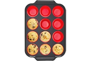 BRONYPRO Silicone Muffin Pan with Metal Frame, Egg Bite Maker Silicone Molds for Baking, Cupcake Pans 12 Regular Size, Muffin Tins Easy to Pop Nonstick Non Toxic Bakeware for Oven, Red