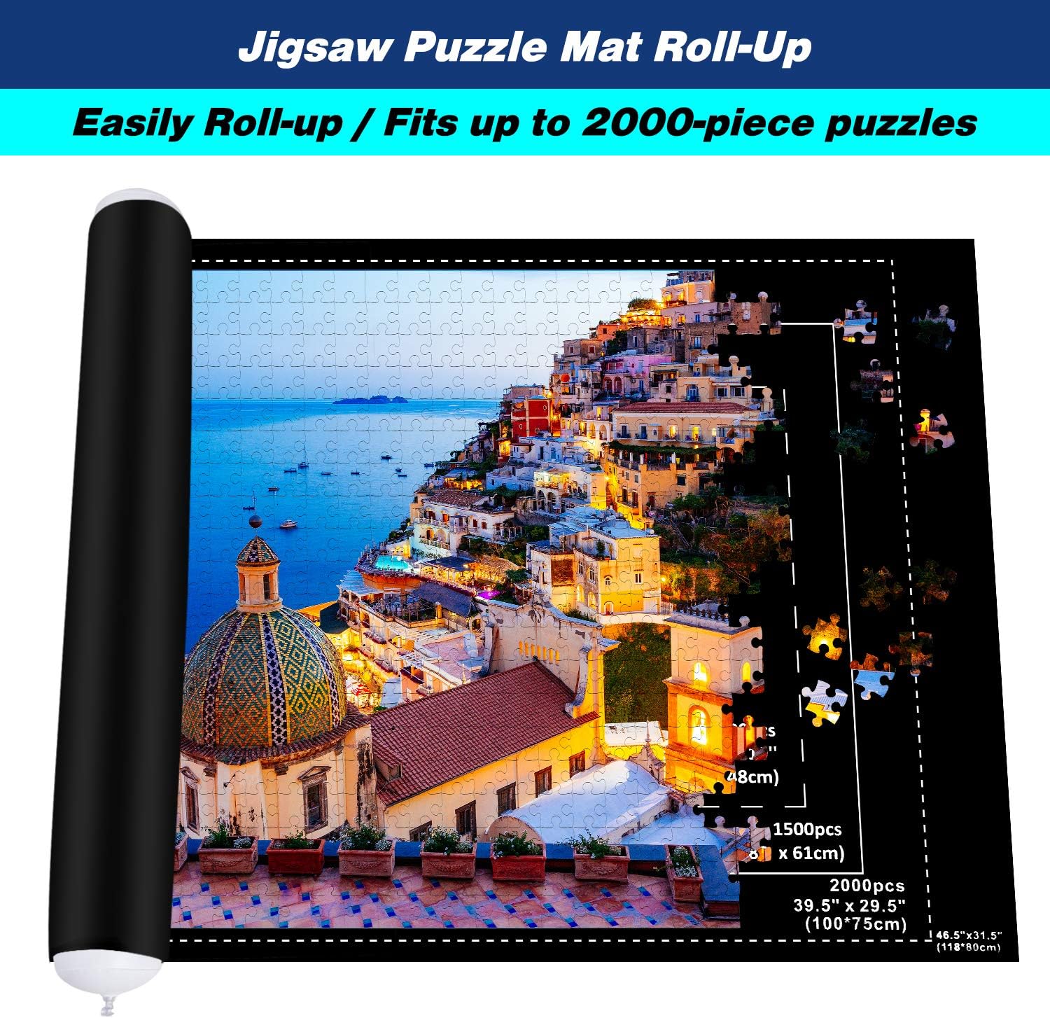 Jigsaw Puzzle Mat Roll Up, Puzzle Storage Saver for 500 1000 1500 2000 Pieces, Felt Puzzle Roll up Mat with Inflatable Tube+Pump+Fasteners Strap 46.5" 31.5": Toys & Games