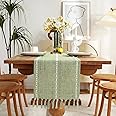 Rustic Farmhouse Style Linen Table Runner, Boho Handmade Tassel Embroidered Table Runners 60 Inches Long for Holiday Party, Christmas and Dining Decorations, 13 inchW X 60 inchL - Sage Green