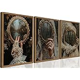Framed Gothic Dark Academia Canvas Wall Art Set of 3, Vintage Victorian Women Witch Mirror Pictures Wall Decor, Moody Halloween Aesthetic Paintings Prints for Living Room Bathroom Bedroom 12x16 inch