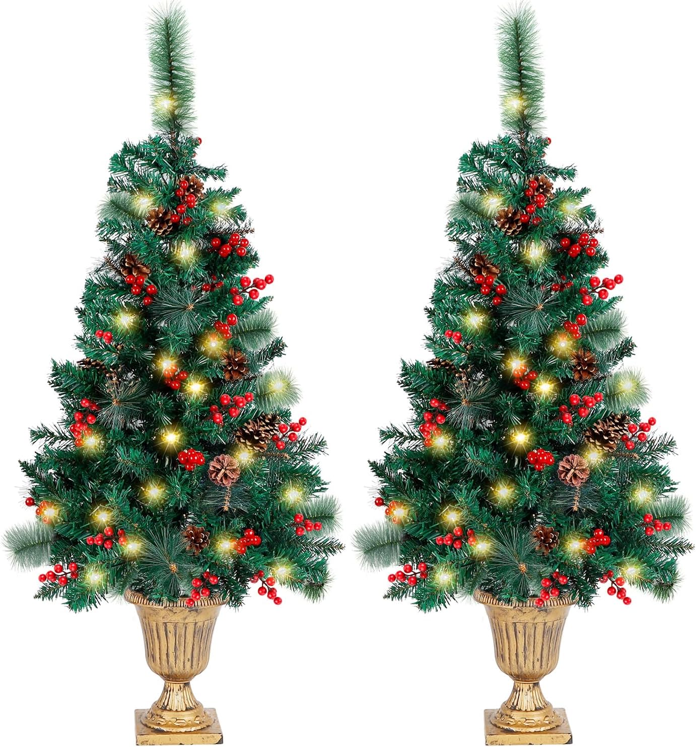 Trees - Juegoal 4 FT Christmas Tree, Upgrade Pre-Lit Crestwood Spruce Entrance Tree with 120 LEDs Lights, Pine Cones, Red Berries in Gold Urn Base for Front Door, Porch, Entryway Xmas Home Decorations, 2 Pack