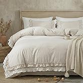 Bedorm Beige Duvet Cover Set King Ruffle Bedding Set Pleat Ruffled Shabby Chic Comforter Cover Extra Soft & Easy Care White Boho Duvet Cover with Zipper Closure