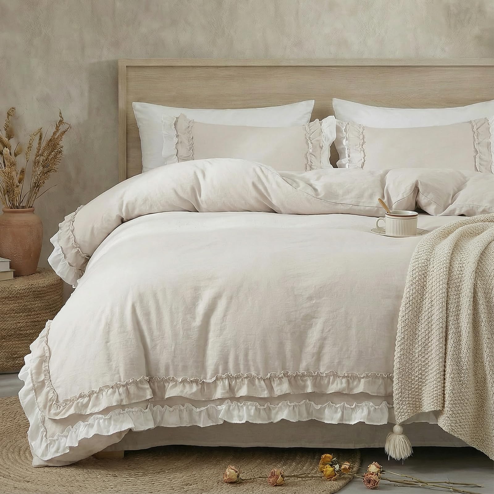 Photo 1 of Bedorm Beige Duvet Cover Set King Ruffle Bedding Set Pleat Ruffled Shabby Chic Comforter Cover Extra Soft & Easy Care White Boho Duvet Cover with Zipper Closure