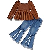 XUANHAO Toddler Girls Clothes Puff Sleeve Smocked Shirt Flare Jeans Pant Outfits for Girl Bell Bottom Kids Girls Clothing Set