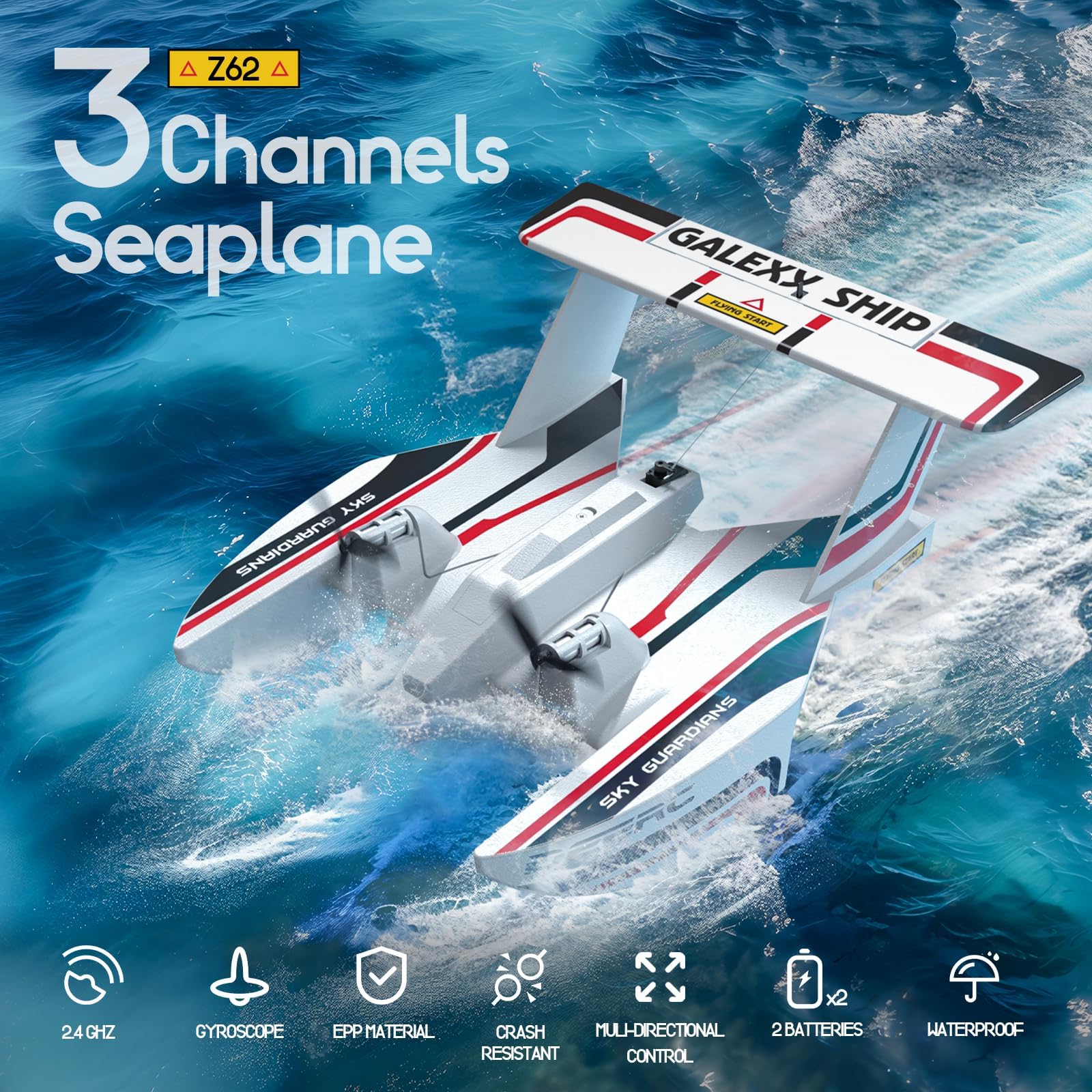 DEERC RC Flugzeug für Wasser Land & Luft, Amphibisches DREI-Phibien-Flugzeug, 3CH Ferngesteuertes Flugzeug mit 2 Batterien, 2.4GHz RTF Segler für Junge Mädchen 6