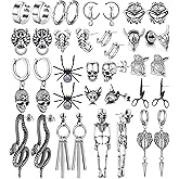 18 Pairs Stainless Steel Y2K Punk Hoop Dangle Earrings for Men, Frog Snake Spider Skull Heads etc Huggie Hoop Long Chain Piercing Hoop Earrings Set for Women and Men
