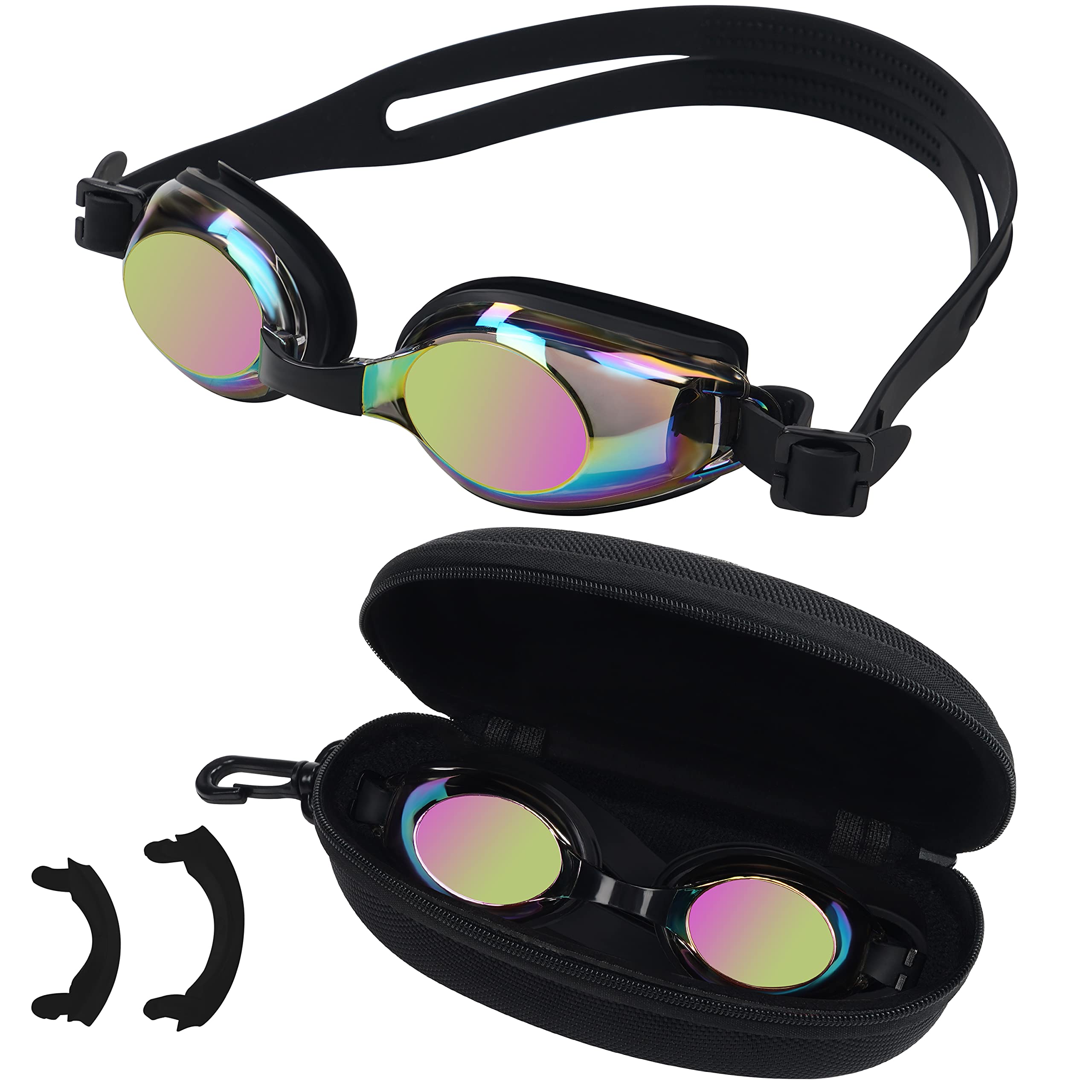 BEZZEE PRO Black Kids Swimming Goggles - UV Protection & Anti Fog Swim Goggles with Storage Case - 3 Different Sized Soft Nose Bridges - No Leaking & Adjustable for Youth & Children - All Swimmers