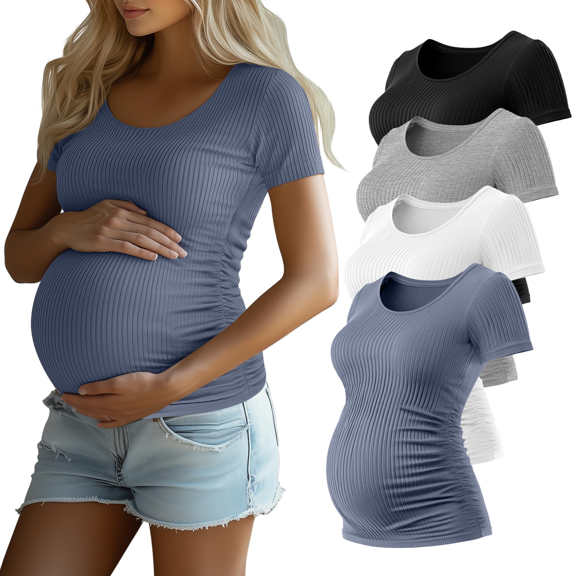 Photo 1 of Riyiper 4 Pack Women's Maternity T-Shirts, Cotton Side Ruched Ribbed Maternity Top Scoop Neck Short Sleeve Pregnant Clothes(Black, Light Gray, White, Light Gray Blue,Medium)