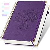 Spiral Notebook, College Ruled Notebook, A5 300 Pages Leather Journals for Writing, 5.7" x 8.5" Hardcover Journaling Notebooks for Work School, 24pcs Tabs, Large Embossed Journal for Women Men, Purple