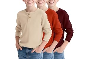 LessonZoo 3 Pack Boy's Henley Long Sleeve Shirts Waffle Thermal Tops 5-14 Years Cotton Blend Knit Sweatshirt for School