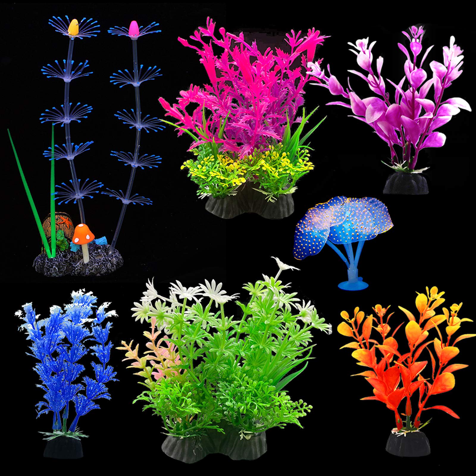 EQLEF Fish Tank Plants Artificial, Glowing Coral & Aquatic Plants Fish Tank Plants Decorations Aquarium Ornaments Pack of 7
