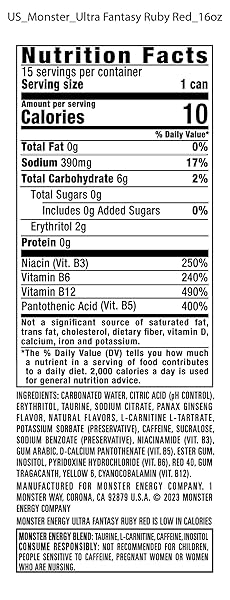 MONSTER ENERGY ULTRA FANTASY RUBY RED, SUGAR FREE ENERGY DRINK, 16 OUNCE (PACK OF 15)