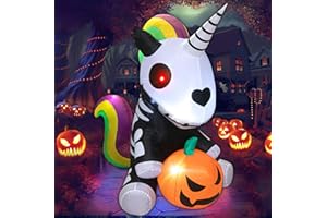 KOITHE Halloween Inflatables Unicorn Skeleton Decoration – 5FT Lighted Blow Up Yard Decor with Pumpkin – Outdoor Halloween Decorations for Lawn, Garden, Kids Party, Trick or Treat Display