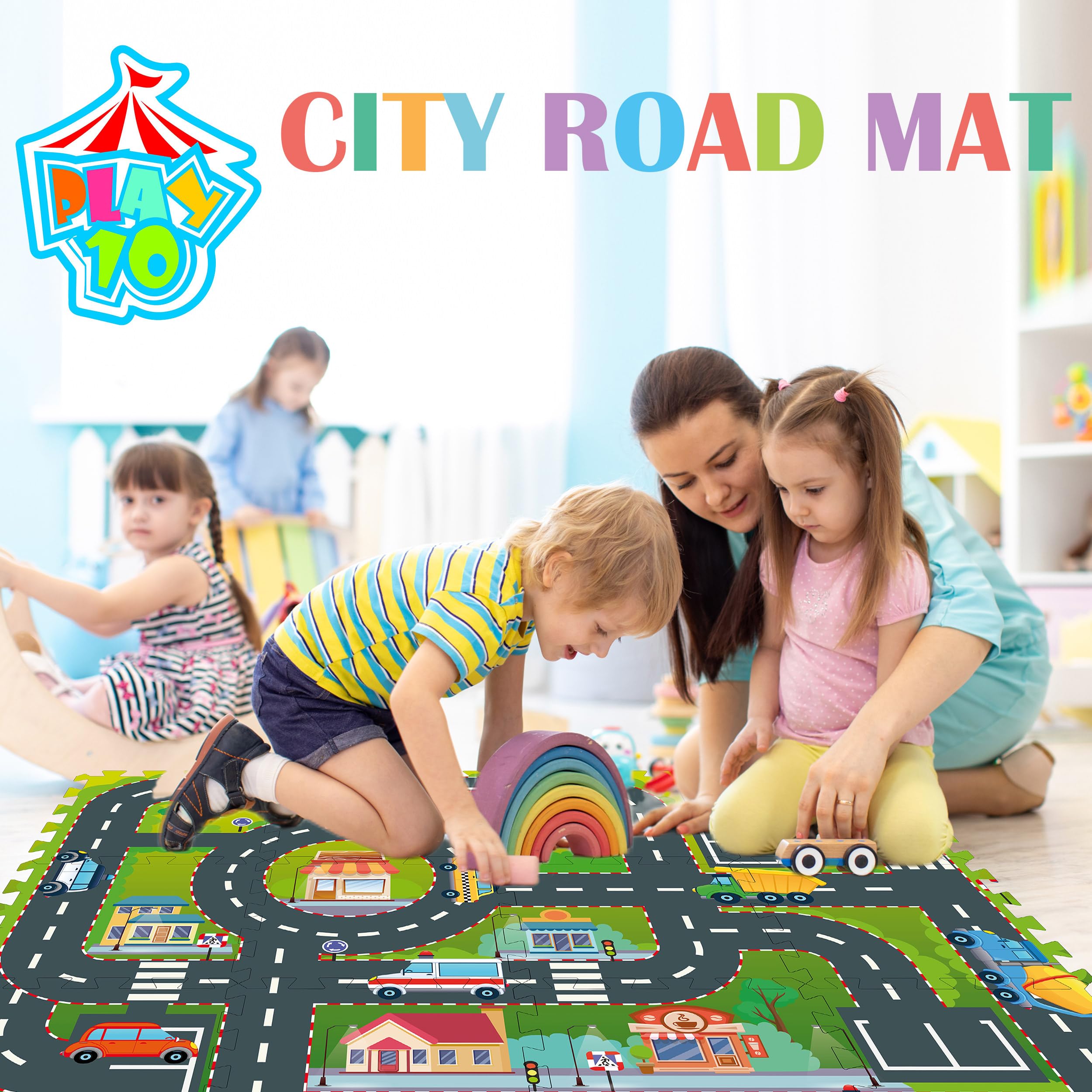 Foam Play Mat for Baby, Interlocking Foam Tiles, City Road Track Puzzle Mat 12 Pieces