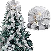 Large Christmas Tree Topper Bow 12.6 X 118 inch Lighted up Christmas Bow with 4 X 3 Yards Ribbon Streamers for Xmas Christmas Tree Decor(Grey Silver)