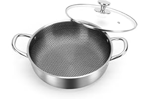 Saute Pan with Tempered Glass Lid 410 Stainless Steel Honeycomb Nonstick Double Handle Frying Pan Cookware for Cooking